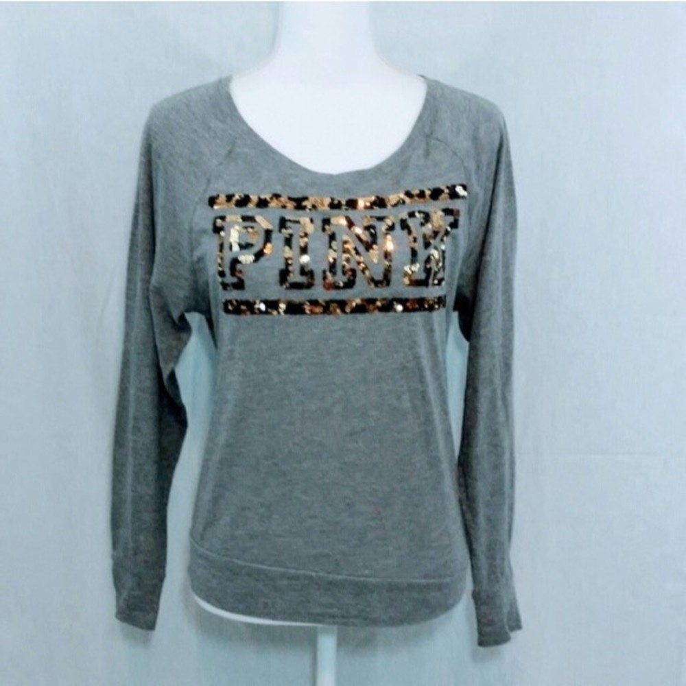 PINK Victoria’s Secret Gray Long Sleeve Thermal Top XS Sequin Accent Blinged